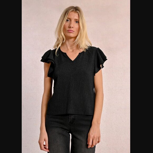 Molly Bracken La Soir Black Ruffle Texture Top / Blouse - Picture 2 of 7